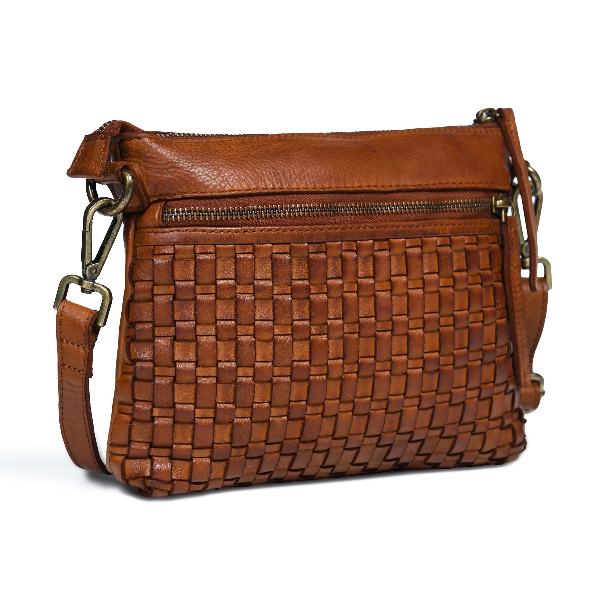 Woven Elegance Leather Handbag - Tan Colour